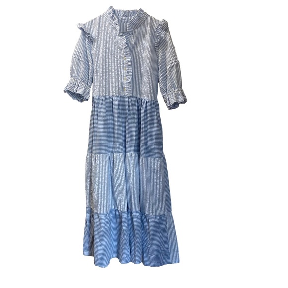 Blue White Seersucker Gingham Ruffle Tiered Prairie Cottagecore Maxi Dress S/M - Picture 2 of 16